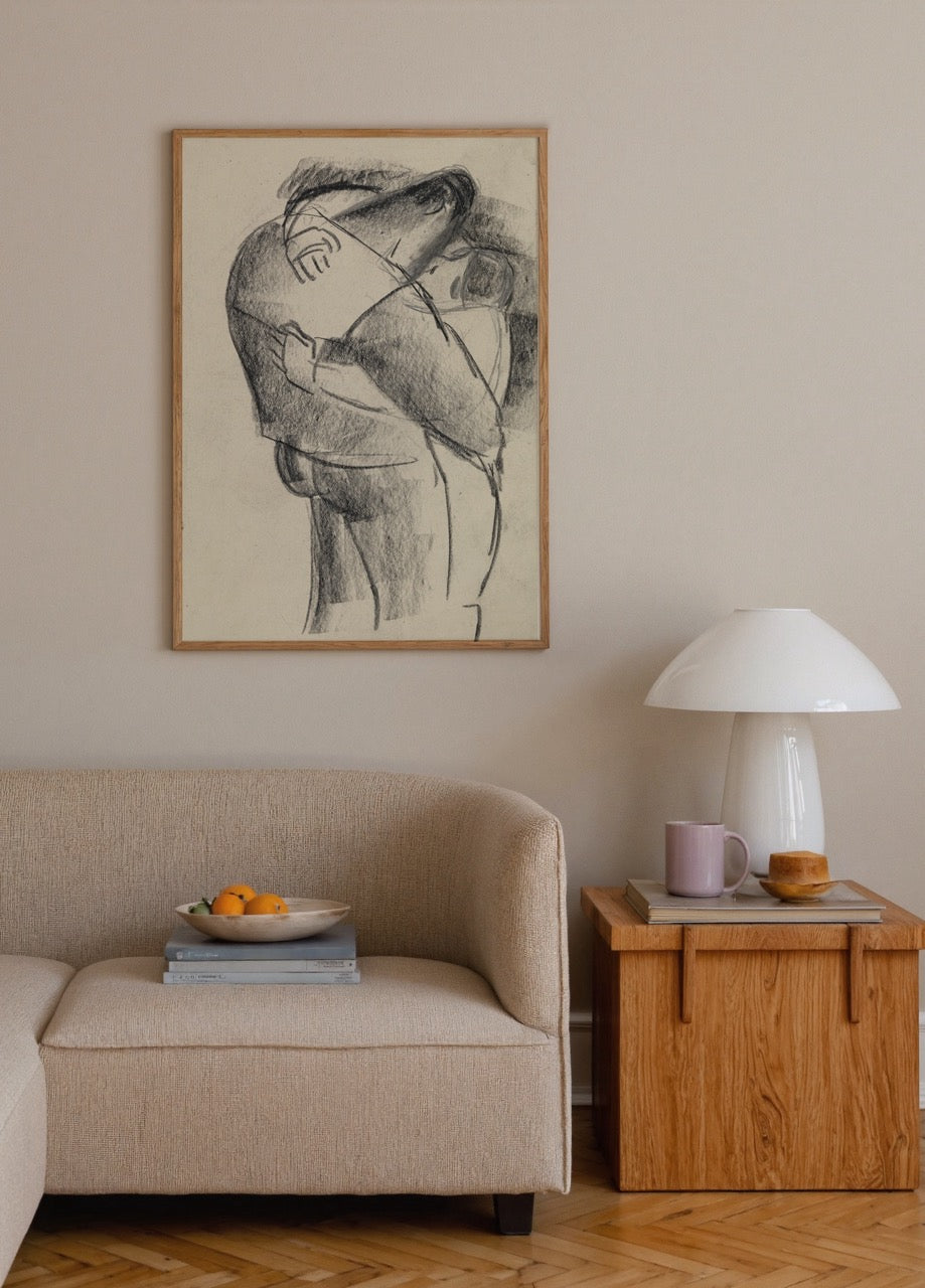 Quiet Embrace artwork depicting a tender hug, perfect for home decor.