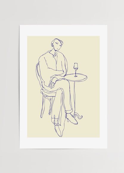Elegant line art of a person seated with a glass on a table, perfect for wall decor.