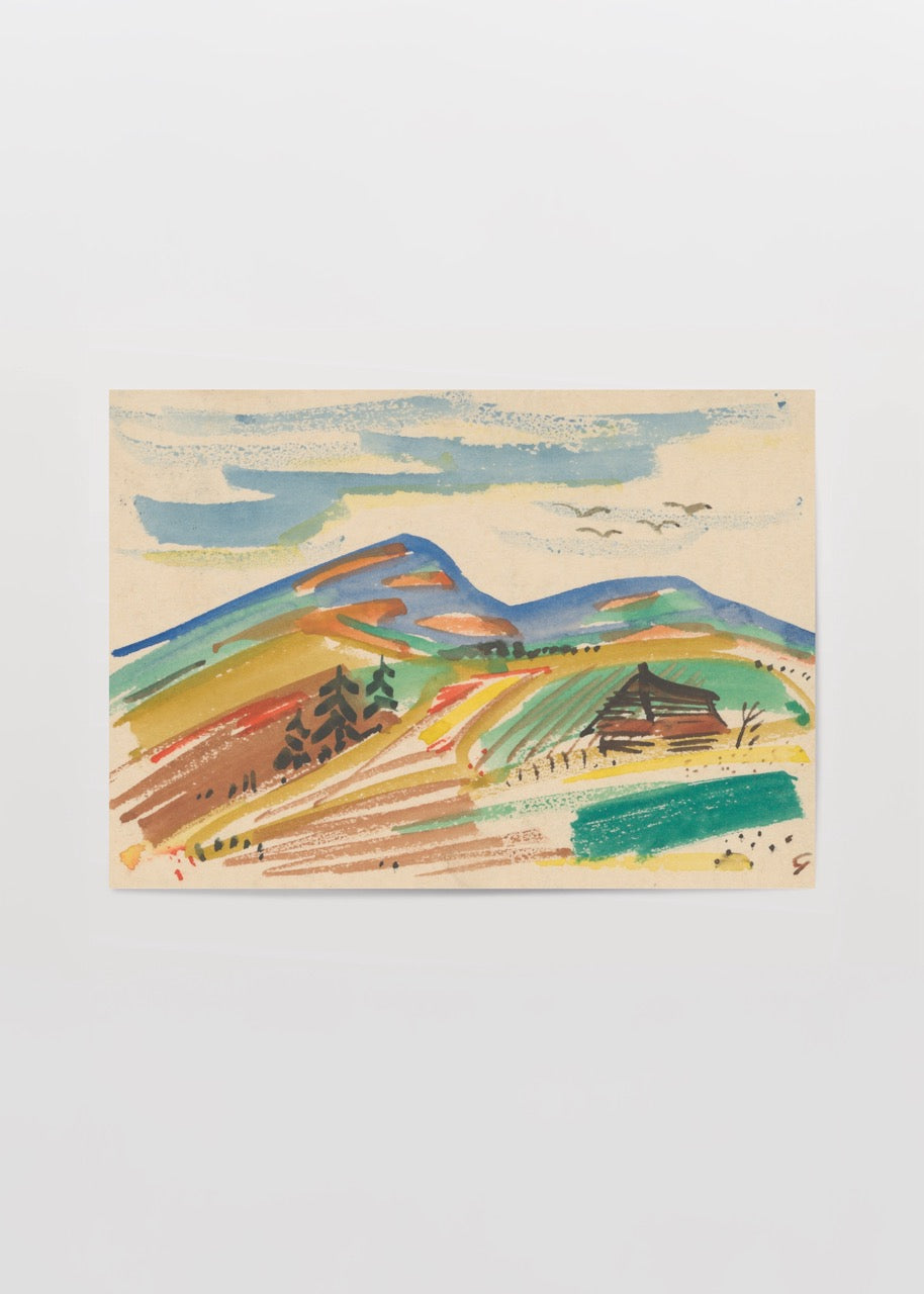 A vibrant landscape poster depicting rolling hills and a cabin, ideal for serene interior decor.