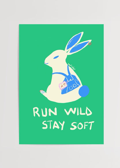 A playful rabbit illustration with vibrant green background and text &