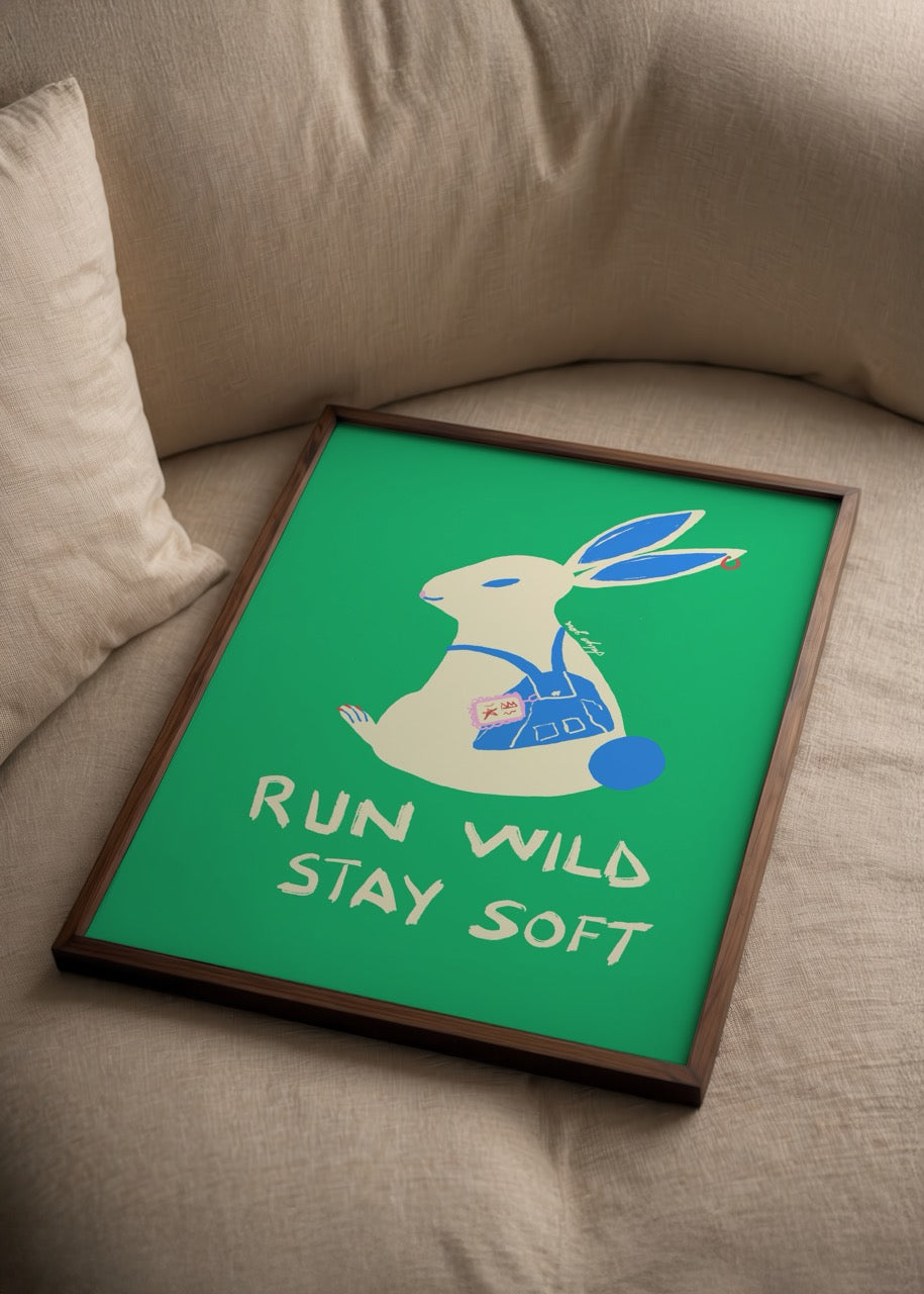 A playful rabbit illustration with vibrant green background and text &