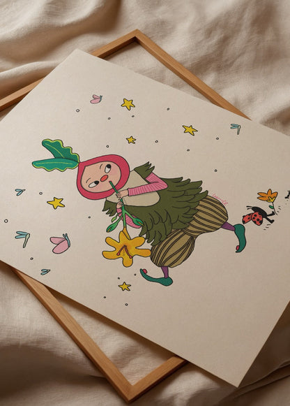 Whimsical Radish Girl Poster Print featuring a playful character with greenery.