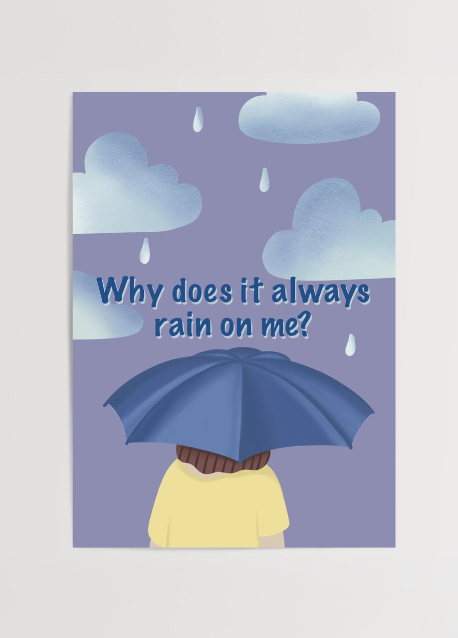 Whimsical illustration of a person under an umbrella with clouds and raindrops.