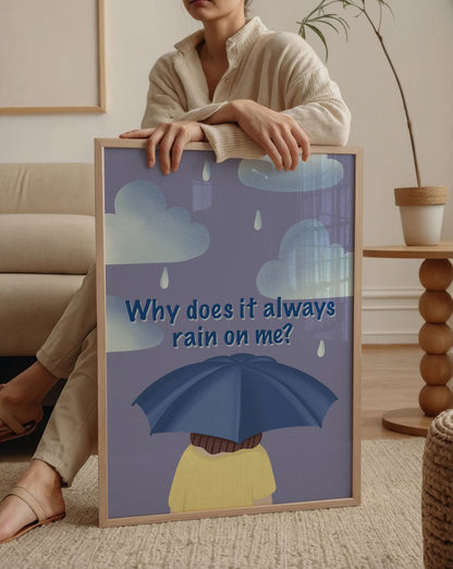 Whimsical illustration of a person under an umbrella with clouds and raindrops.