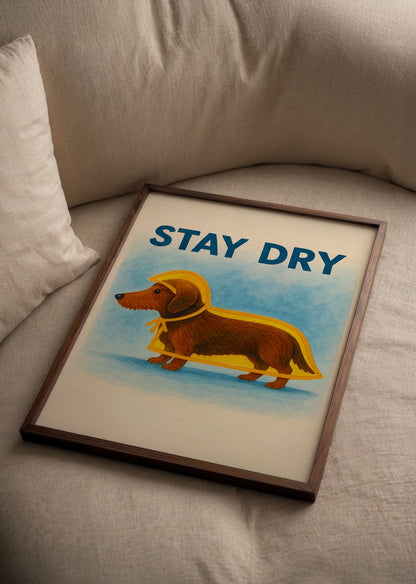 Whimsical dachshund in a raincoat saying &