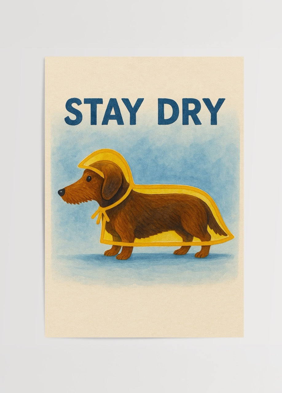 Whimsical dachshund in a raincoat saying &