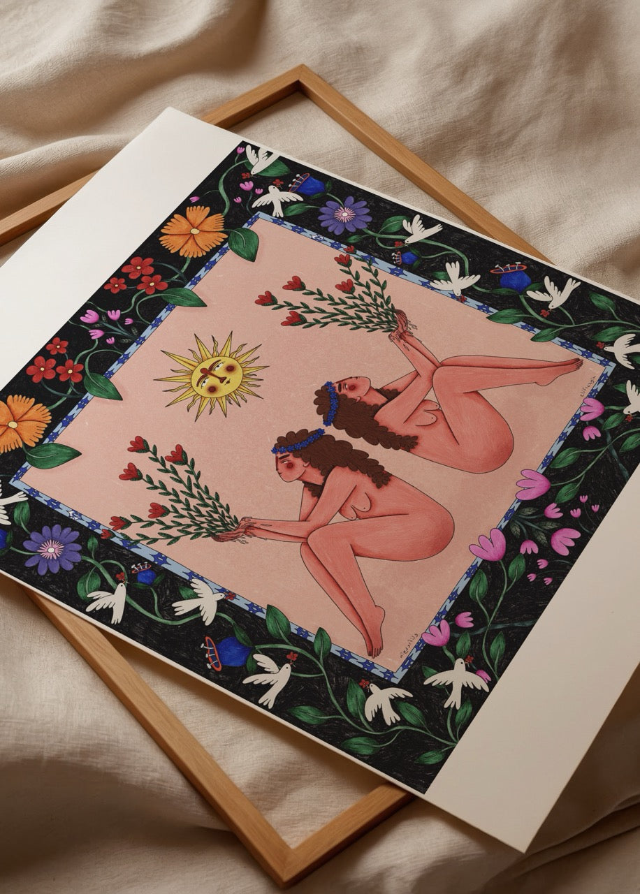 Vibrant poster featuring two figures with flowers and sun, framed by floral designs.