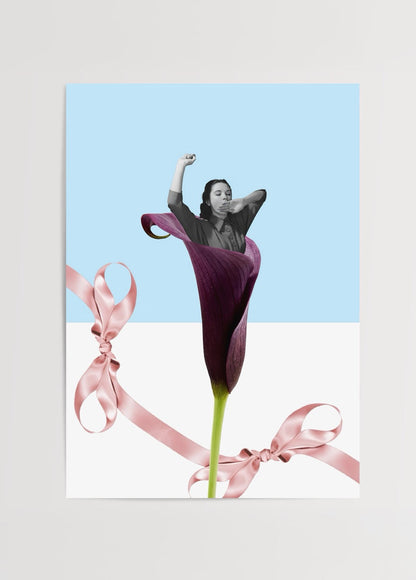 Stylish poster featuring a purple flower and a figure against a blue background.