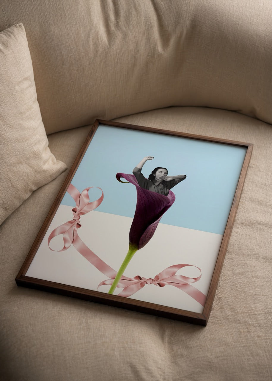 Stylish poster featuring a purple flower and a figure against a blue background.