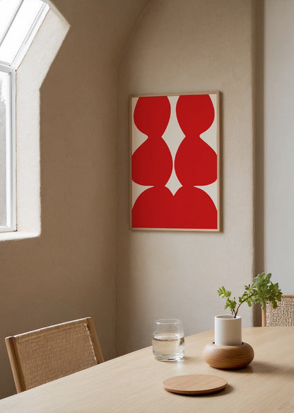 Vibrant red abstract poster featuring bold forms on a white background.