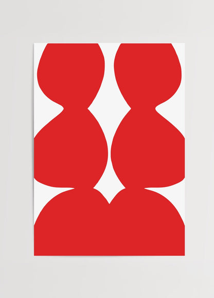 Vibrant red abstract poster featuring bold forms on a white background.