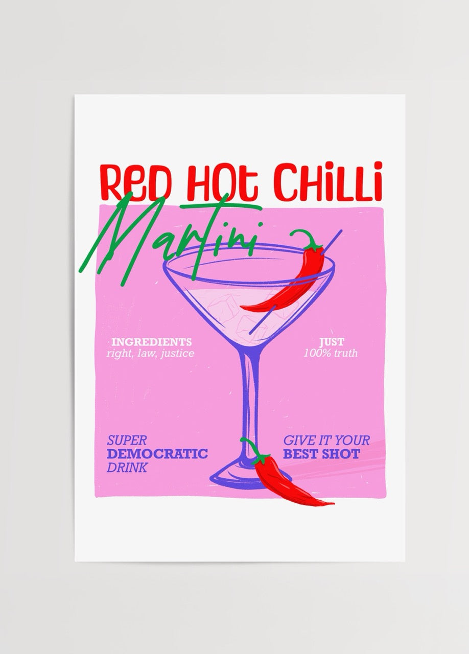 Vibrant Red Hot Chilli Martini Poster Print featuring a cocktail glass and playful text.