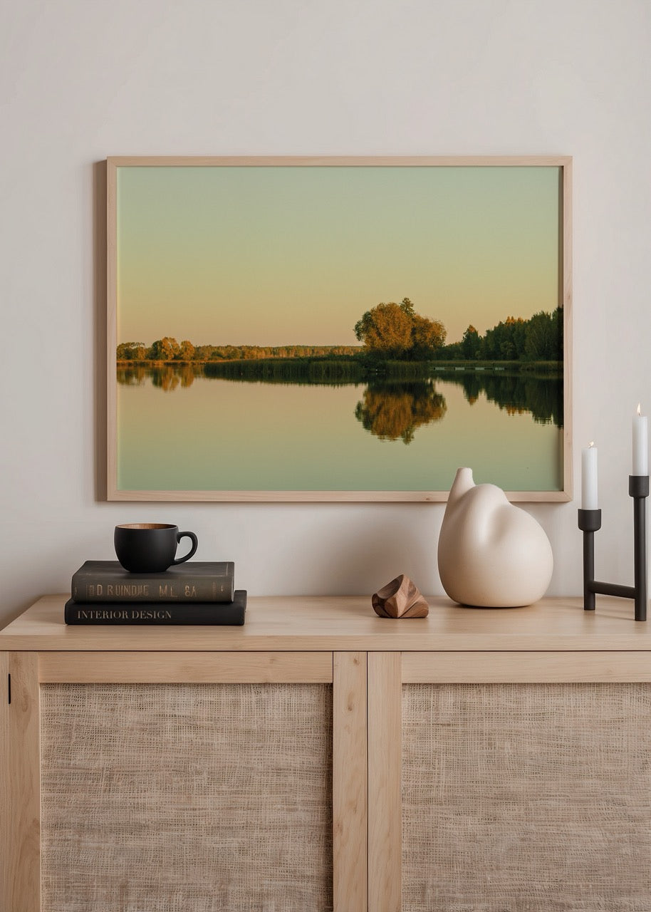 Serene photographic print of Silence Lake in Białystok reflecting soft sunset hues.