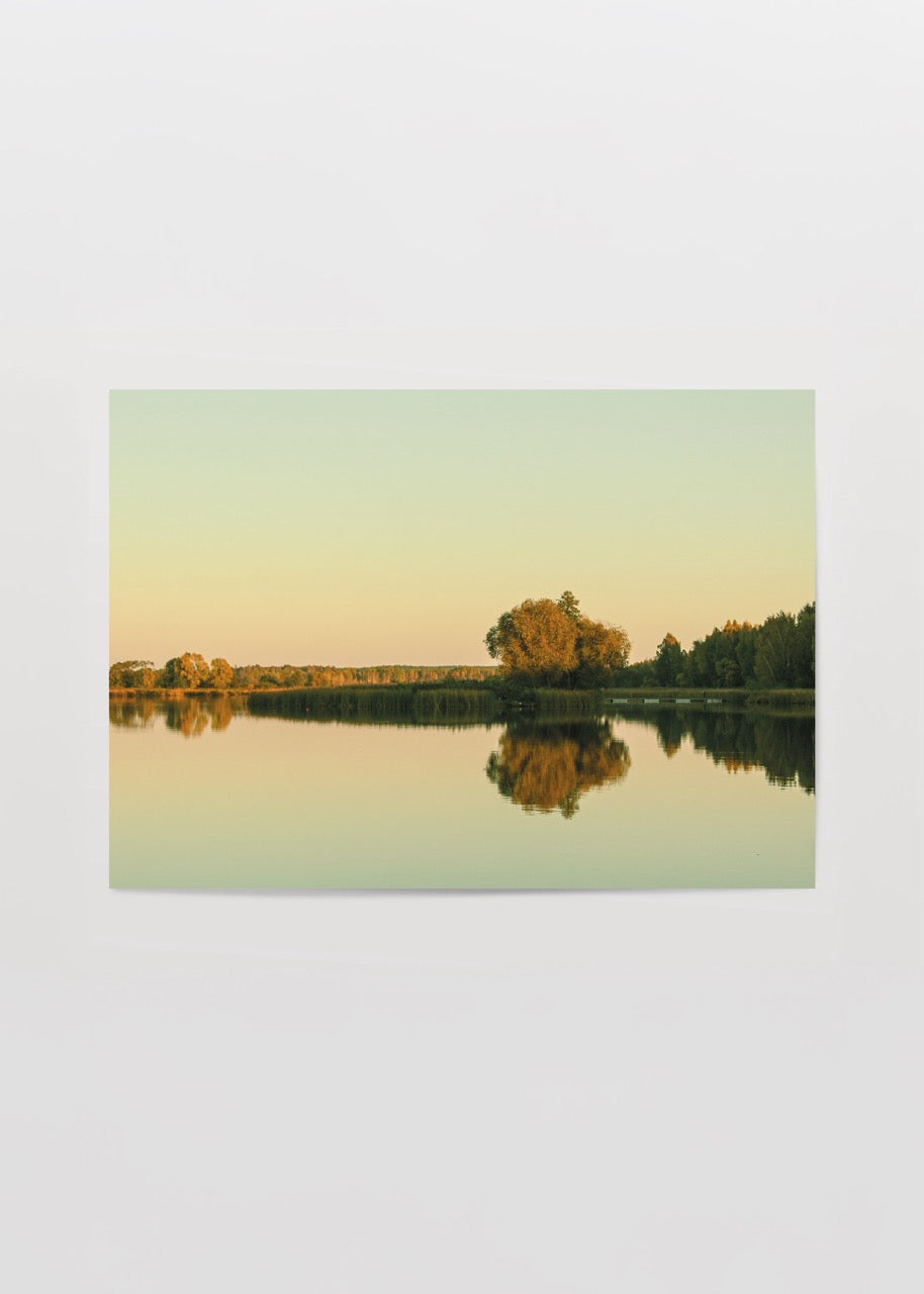 Serene photographic print of Silence Lake in Białystok reflecting soft sunset hues.