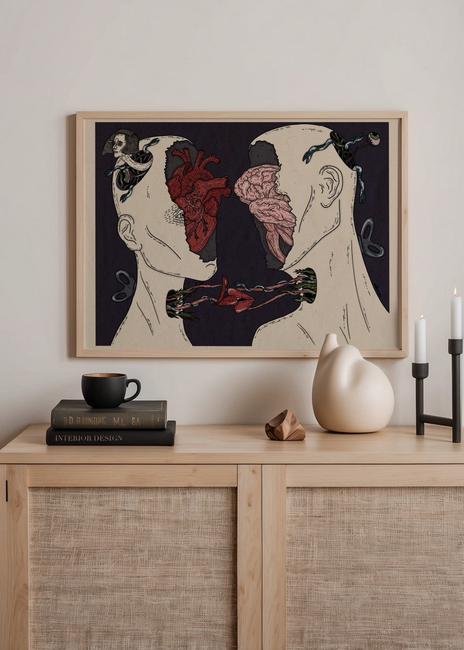 An illustration poster depicting two figures with intertwined hearts and brains, symbolizing connection.