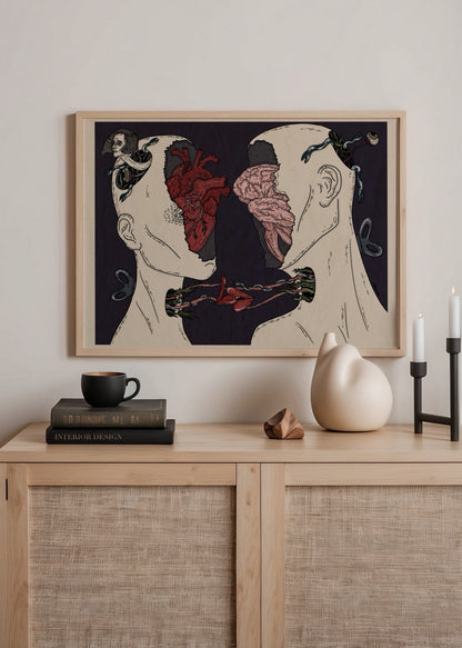 An illustration poster depicting two figures with intertwined hearts and brains, symbolizing connection.