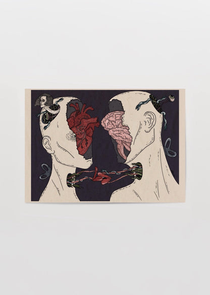 An illustration poster depicting two figures with intertwined hearts and brains, symbolizing connection.