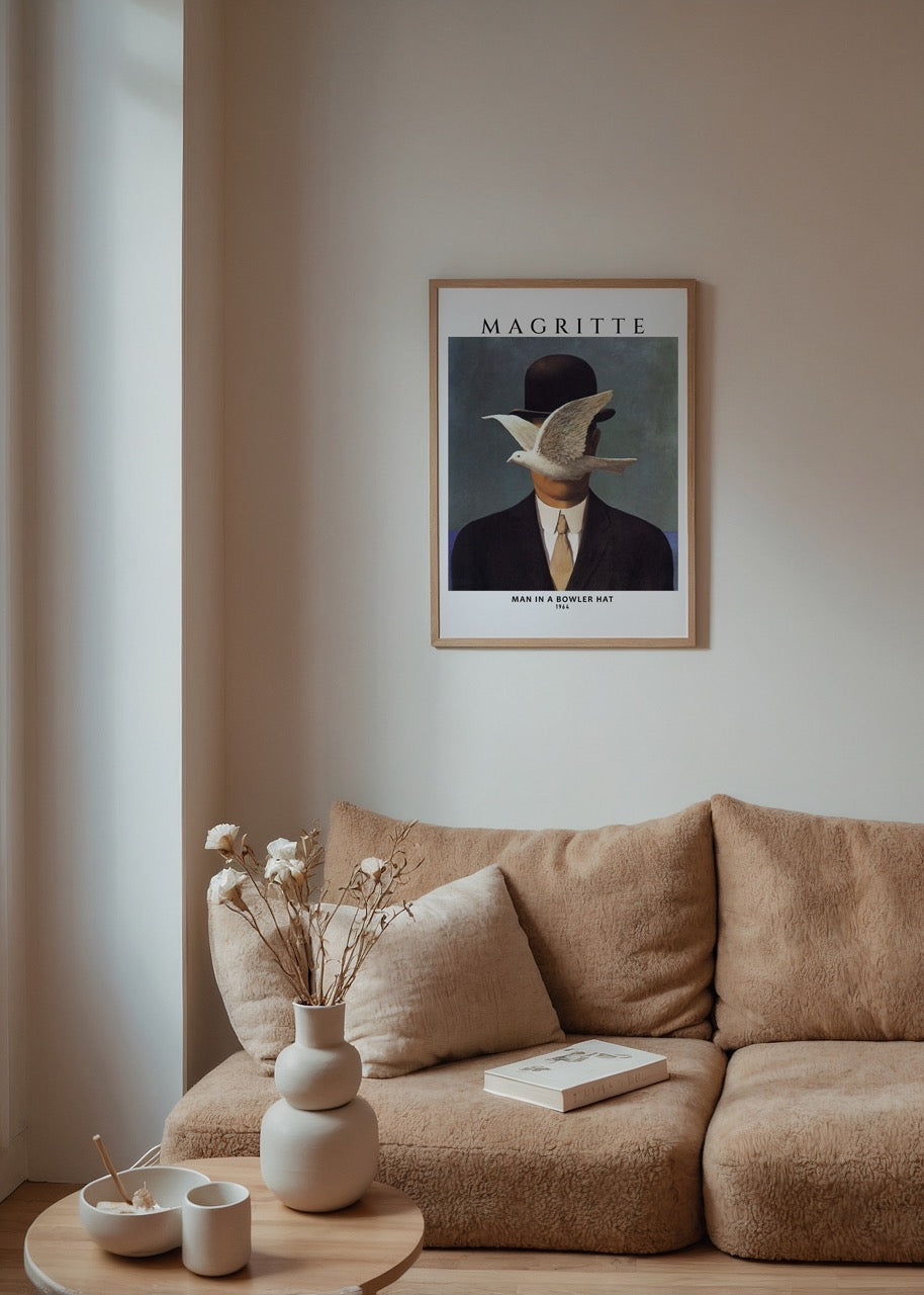 A surreal artwork featuring a bowler hat with a bird, ideal for modern wall decor.