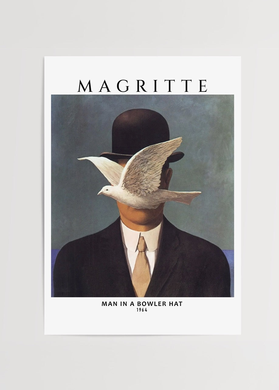 A surreal artwork featuring a bowler hat with a bird, ideal for modern wall decor.