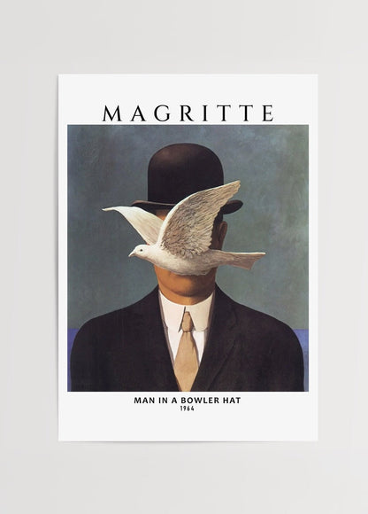 A surreal artwork featuring a bowler hat with a bird, ideal for modern wall decor.