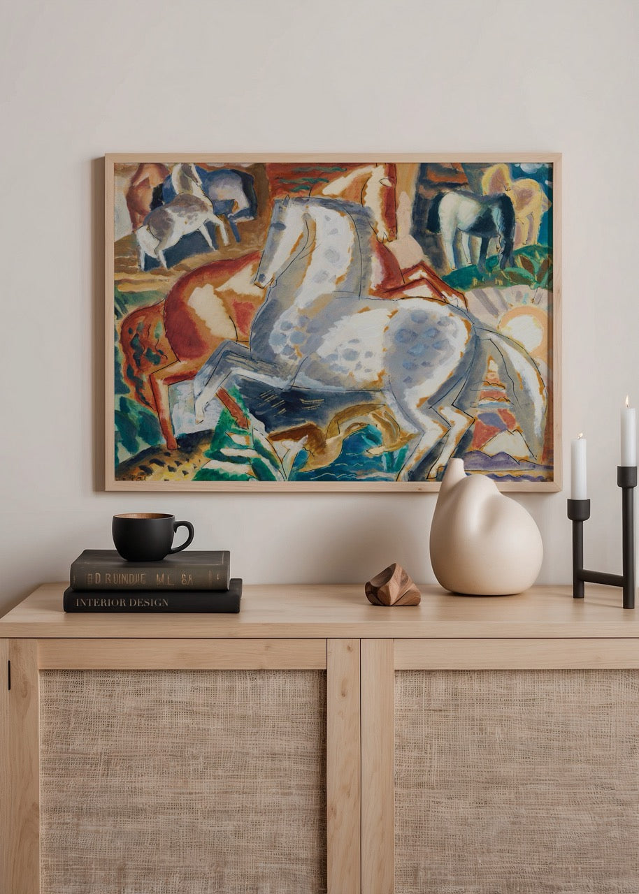 Bold artwork of horses in motion, showcasing vibrant colors and dynamic forms.