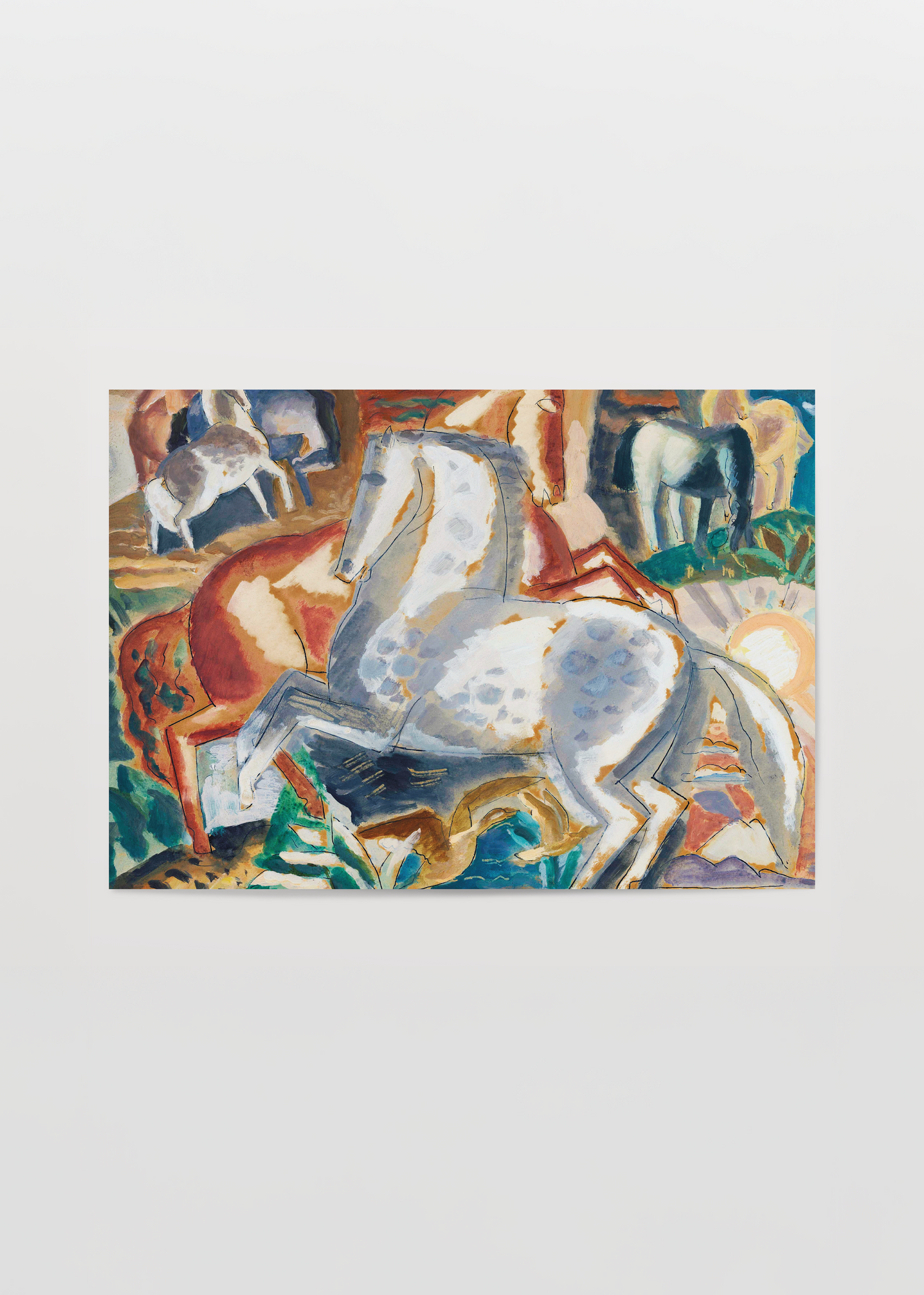 Bold artwork of horses in motion, showcasing vibrant colors and dynamic forms.