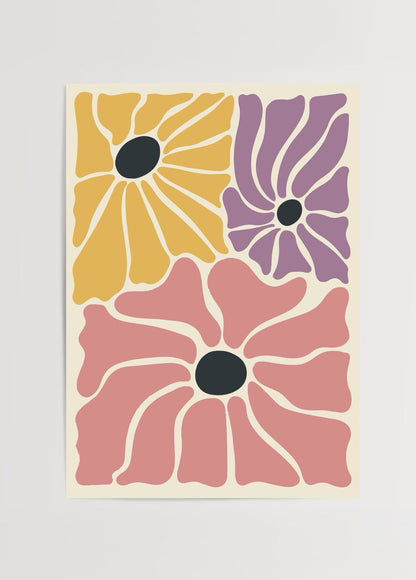 Vibrant floral poster featuring abstract blooms in pastel colours.