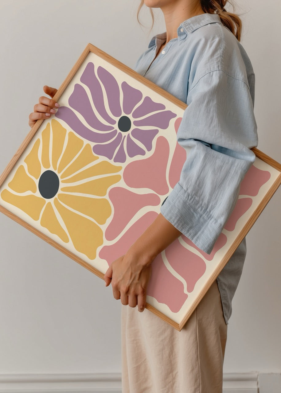 Vibrant floral poster featuring abstract blooms in pastel colours.