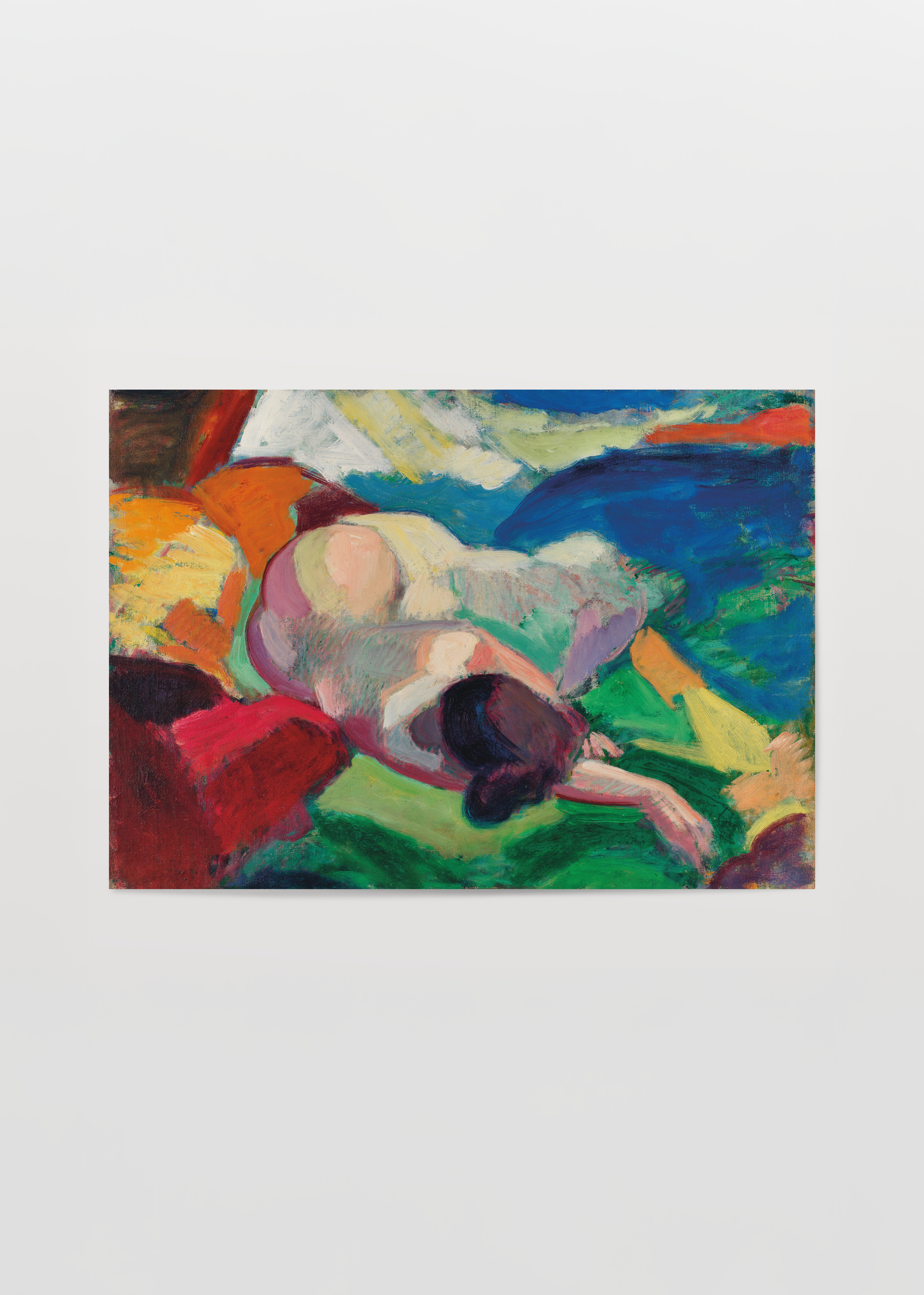 Vibrant abstract artwork featuring a woman in a colourful landscape.