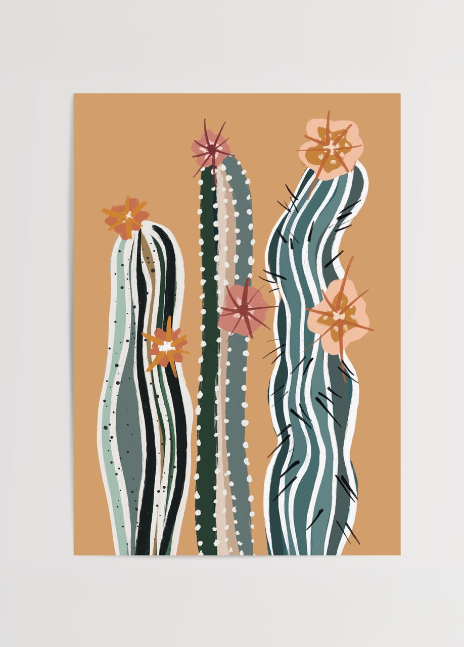 Vibrant illustration of cacti with flowers on a warm background.