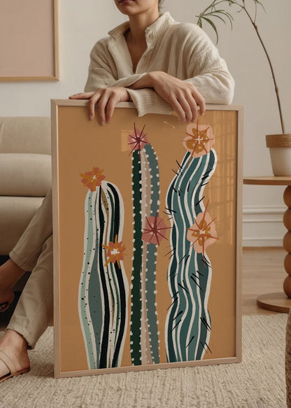 Vibrant illustration of cacti with flowers on a warm background.