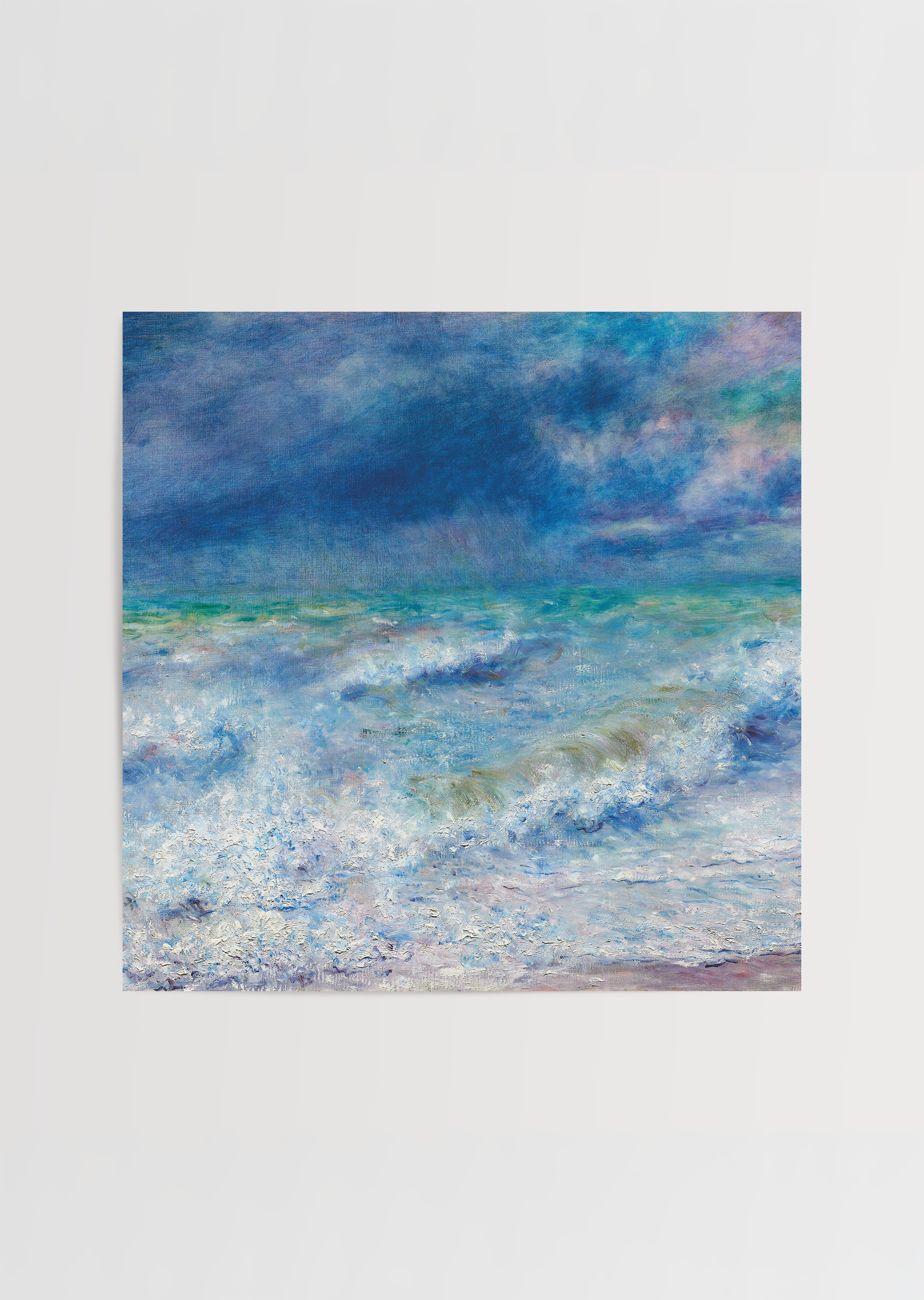 Stunning wall art depicting serene coastal waves in rich blues and whites.