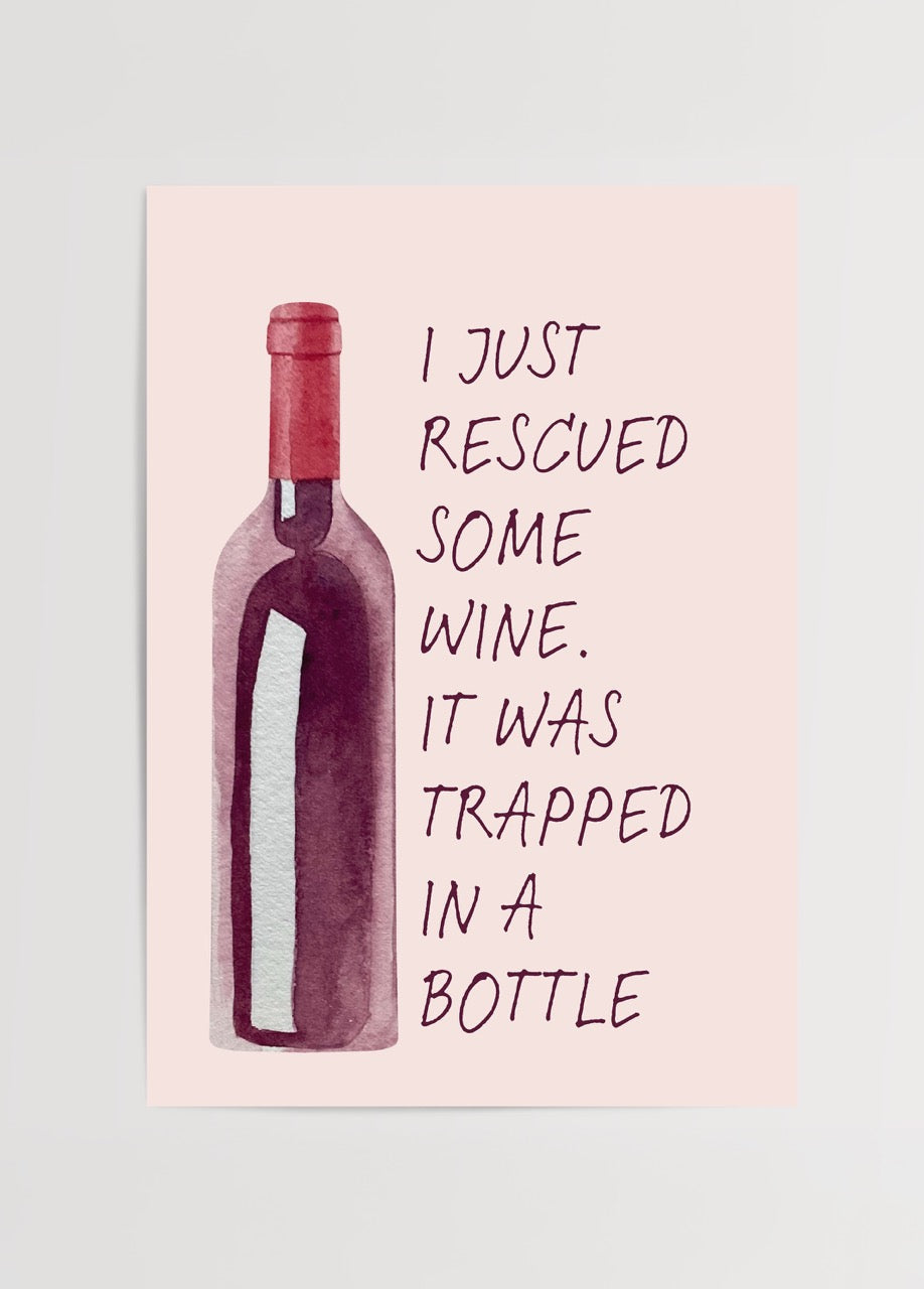 Whimsical poster featuring a wine bottle with humorous text.
