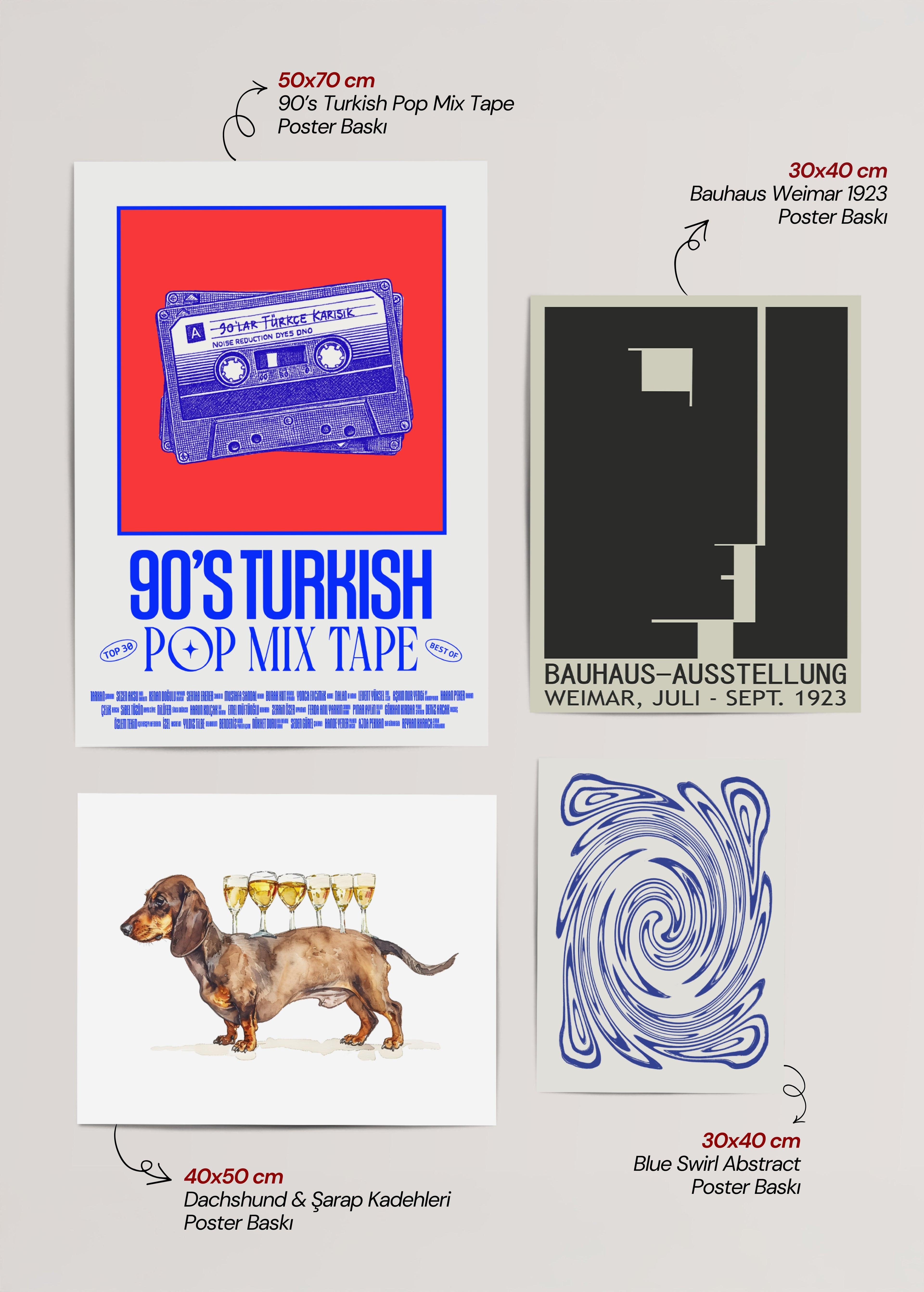A vibrant collection of retro Bauhaus and pop art posters for stylish interior decor.
