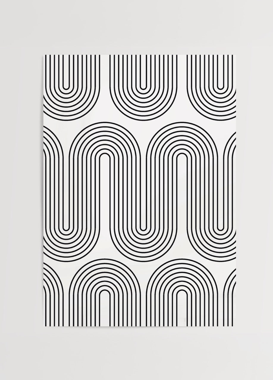 Curved lines retro wall art print in black and white