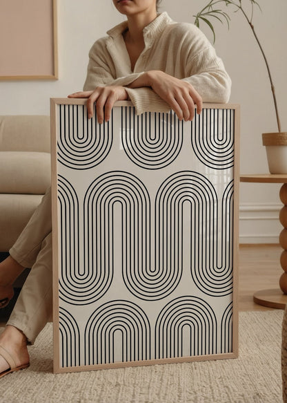 Curved lines retro wall art print in black and white