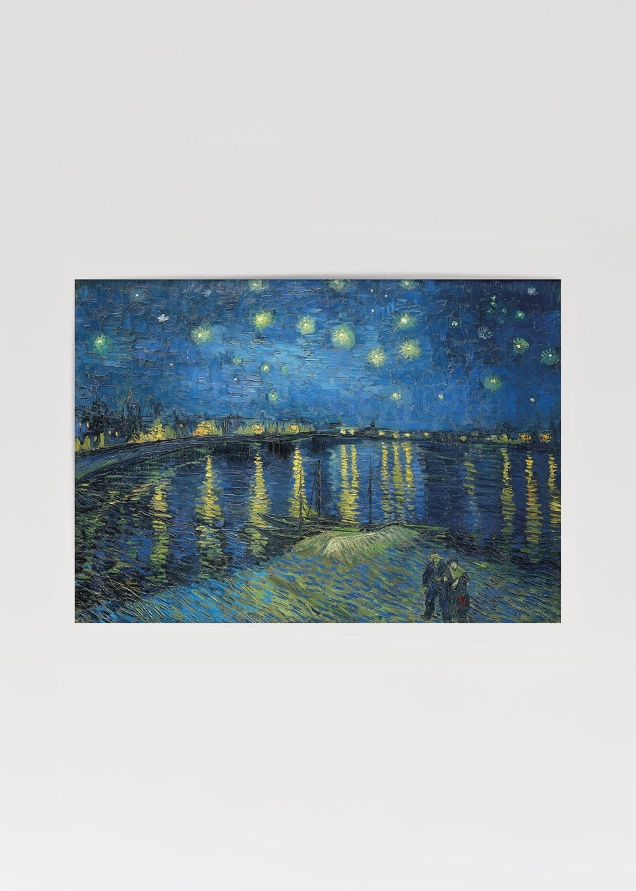 Starry night over the Rhone river with shimmering stars and reflections.