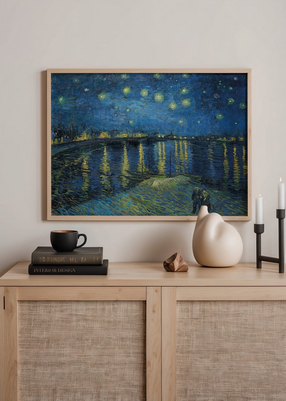 Starry night over the Rhone river with shimmering stars and reflections.