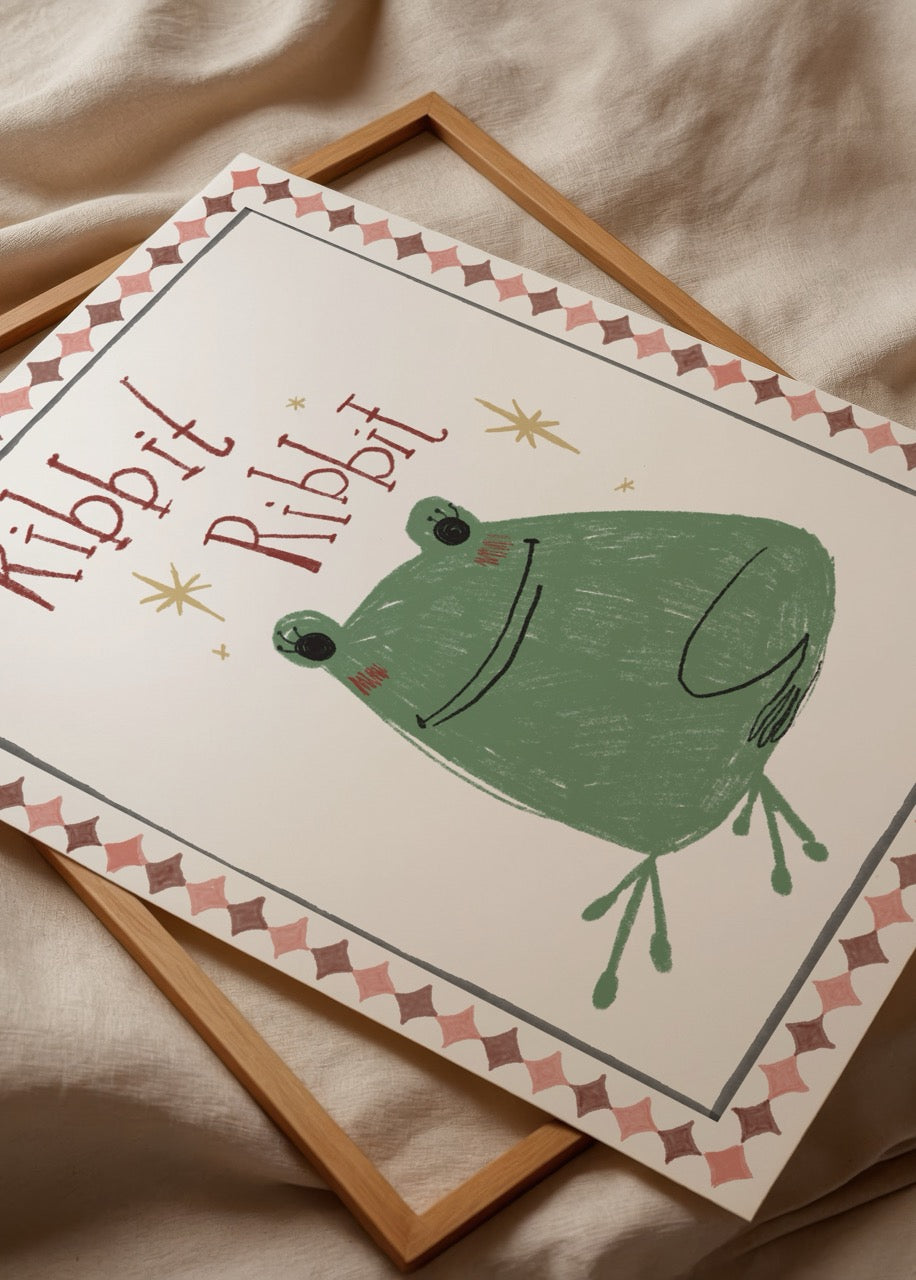 Whimsical illustration of a green frog with &