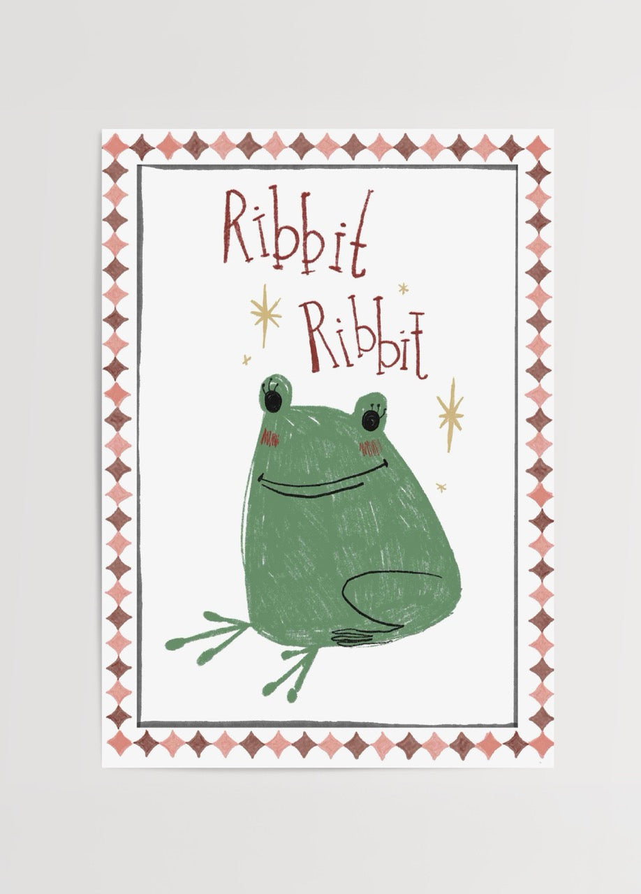Whimsical illustration of a green frog with &