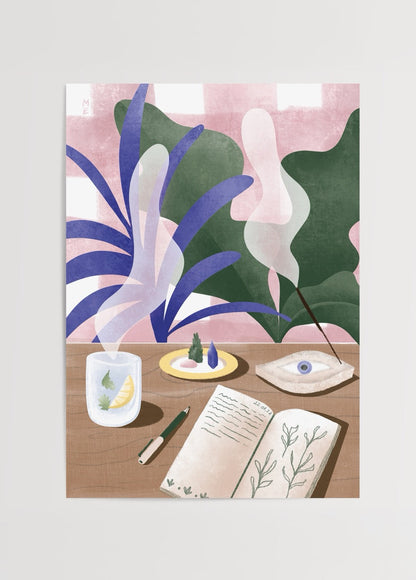Artistic poster featuring a serene ritual scene with plants and an incense holder.