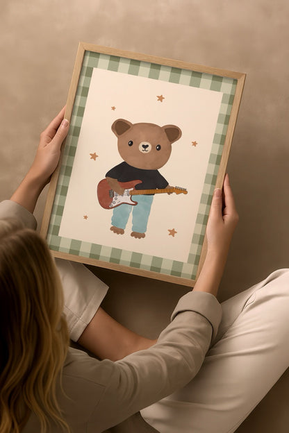 Whimsical teddy bear holding a guitar against a soft background.