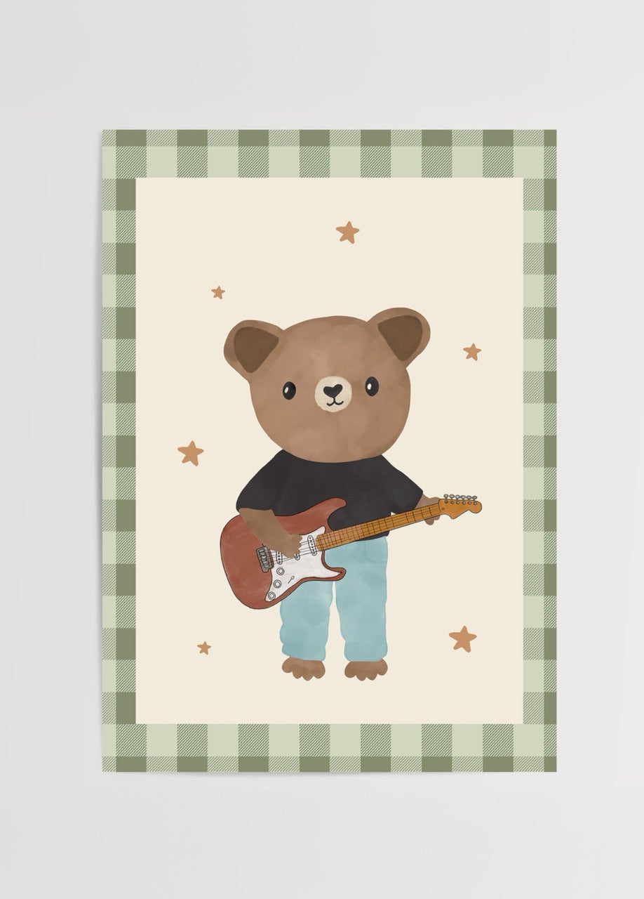 Whimsical teddy bear holding a guitar against a soft background.