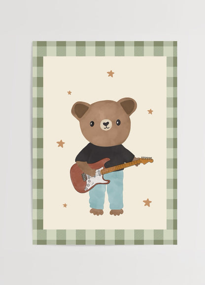 Whimsical teddy bear holding a guitar against a soft background.