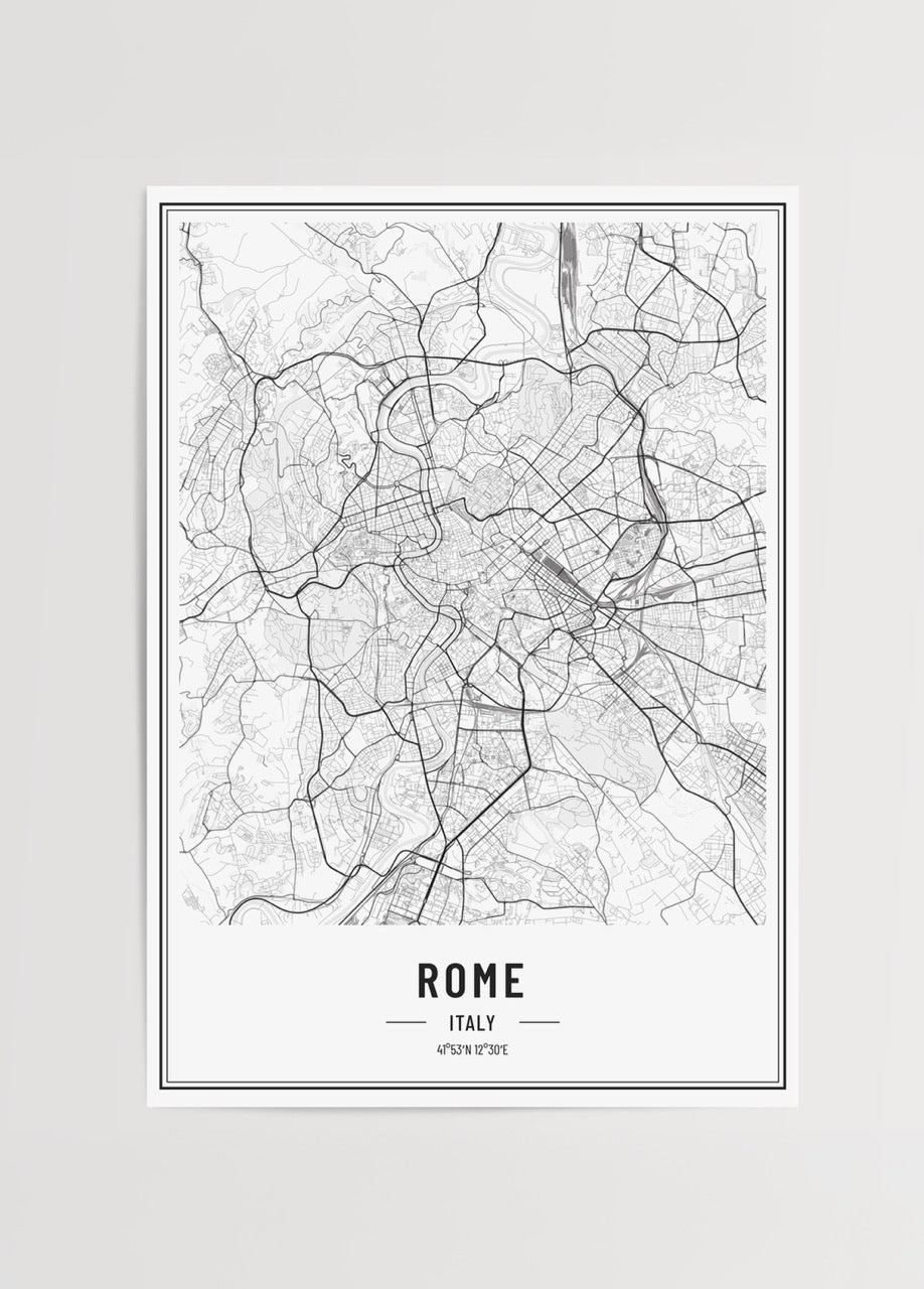 Elegant black and white city map of Rome, Italy.