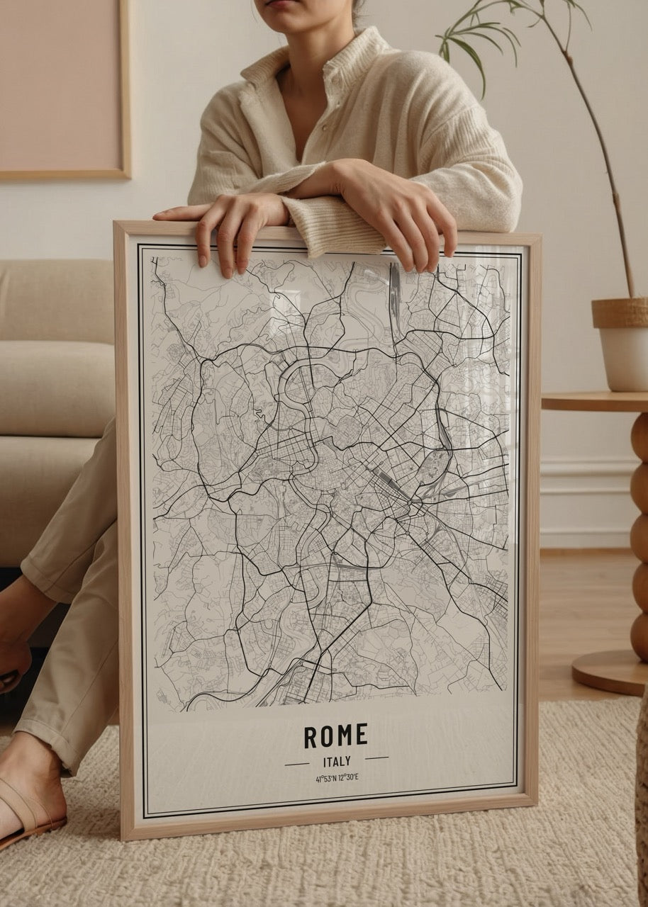Elegant black and white city map of Rome, Italy.