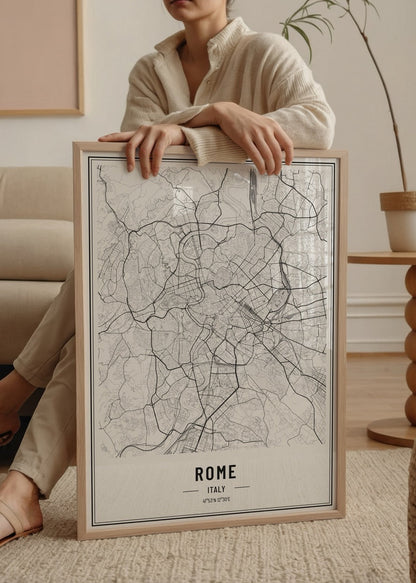 Elegant black and white city map of Rome, Italy.