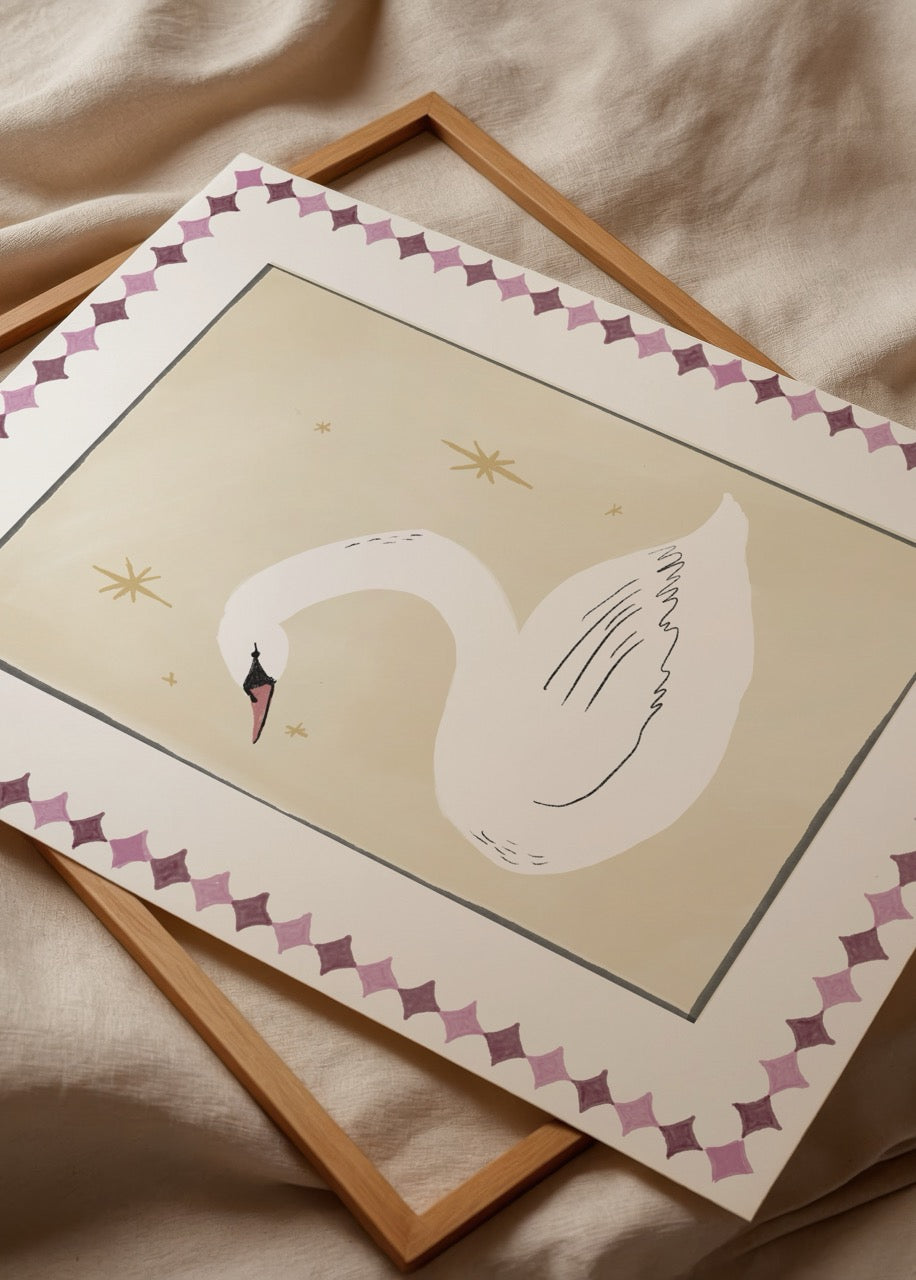 A beautiful swan illustration in soft beige tones, framed elegantly.