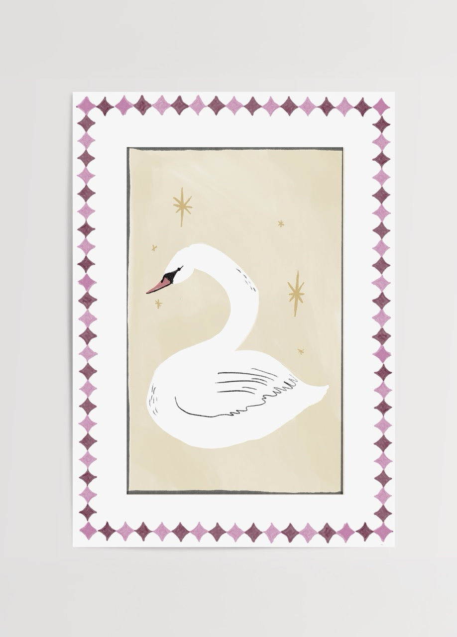 A beautiful swan illustration in soft beige tones, framed elegantly.