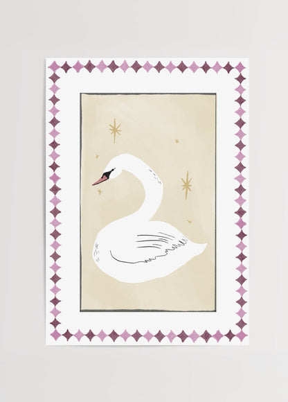 A beautiful swan illustration in soft beige tones, framed elegantly.